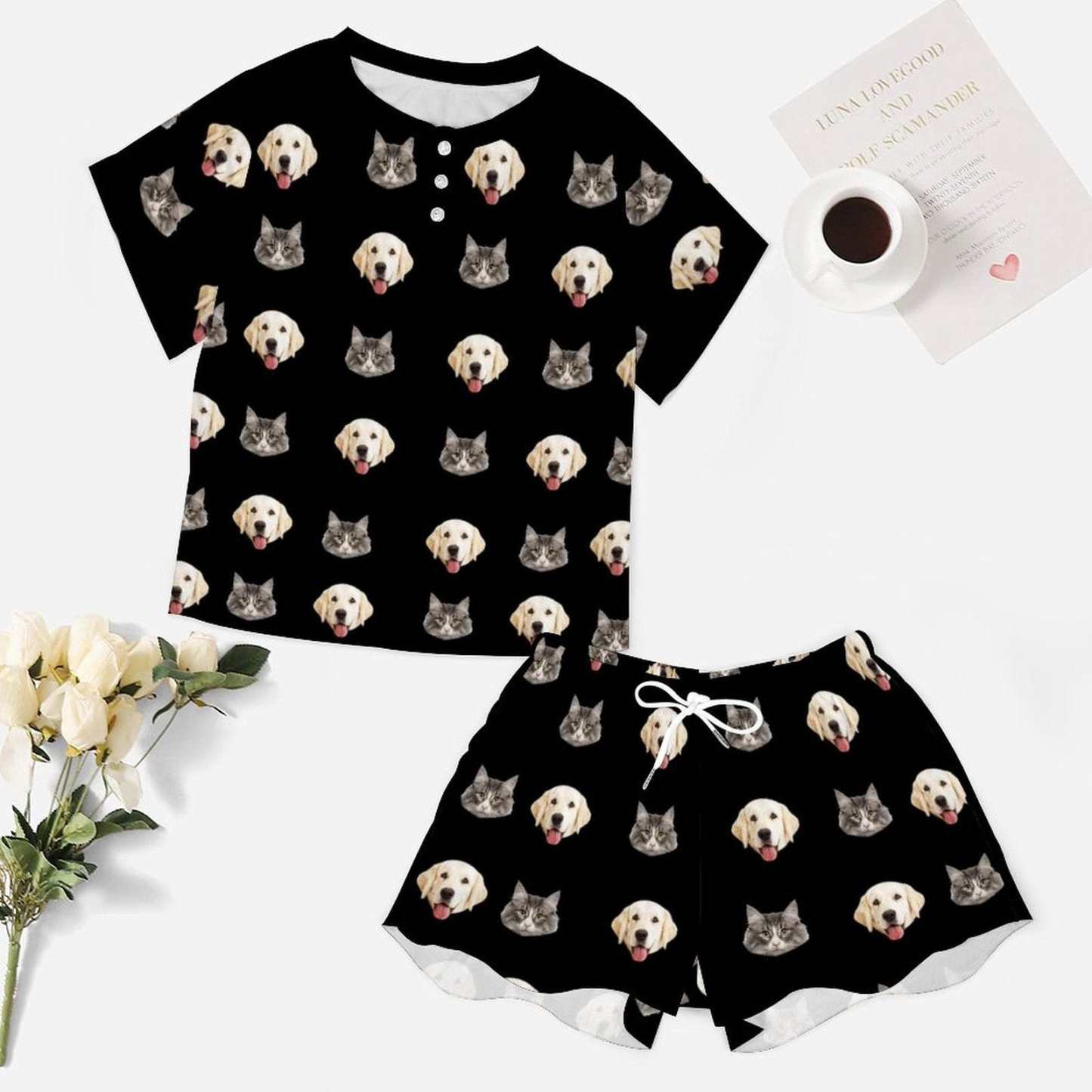 FacePajamas Pajama-2ML-SDS Custom Face Cute Pet Pajama Set Women's Short Sleeve Top and Shorts Loungewear Athletic Tracksuits