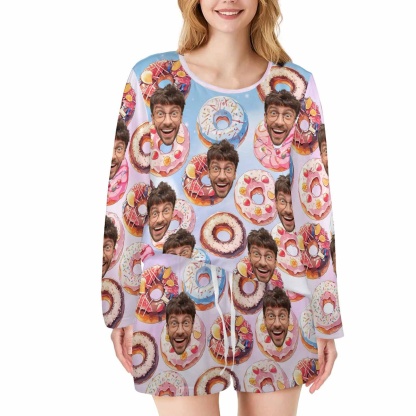 FacePajamas Pajama Long Tracksuit Custom Face Donut Women's Long Sleeve Scoop Neck Short Pajama Set