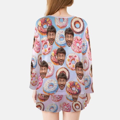 FacePajamas Pajama Long Tracksuit Custom Face Donut Women's Long Sleeve Scoop Neck Short Pajama Set