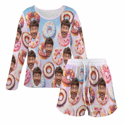 FacePajamas Pajama Long Tracksuit Custom Face Donut Women's Long Sleeve Scoop Neck Short Pajama Set