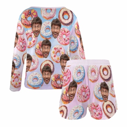 FacePajamas Pajama Long Tracksuit Custom Face Donut Women's Long Sleeve Scoop Neck Short Pajama Set