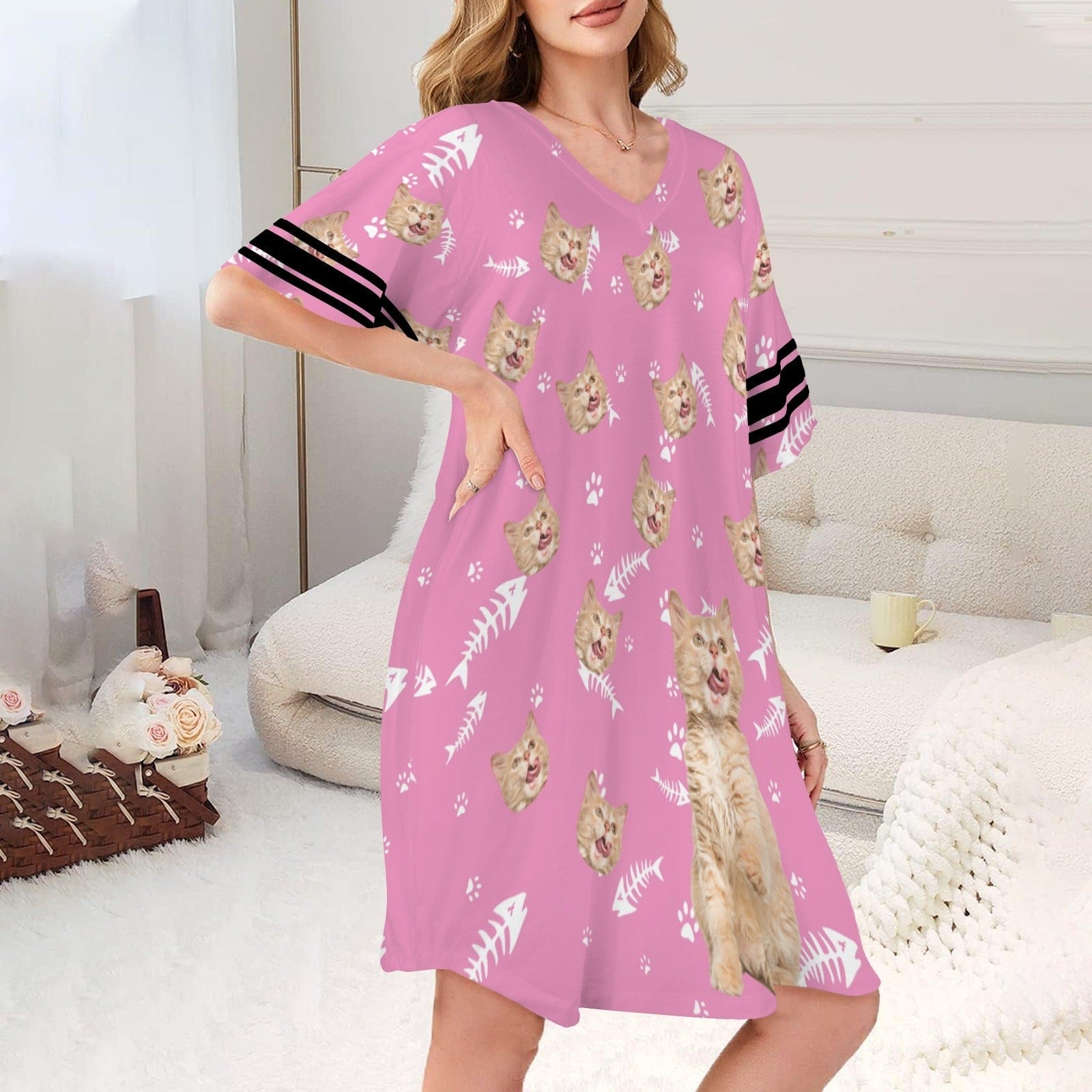 FacePajamas Pajama Dress-1YN-Blue Custom Face Fish Bones Women's V-Neck Short Sleeved Nightdresses Personazlied Sleep Dress