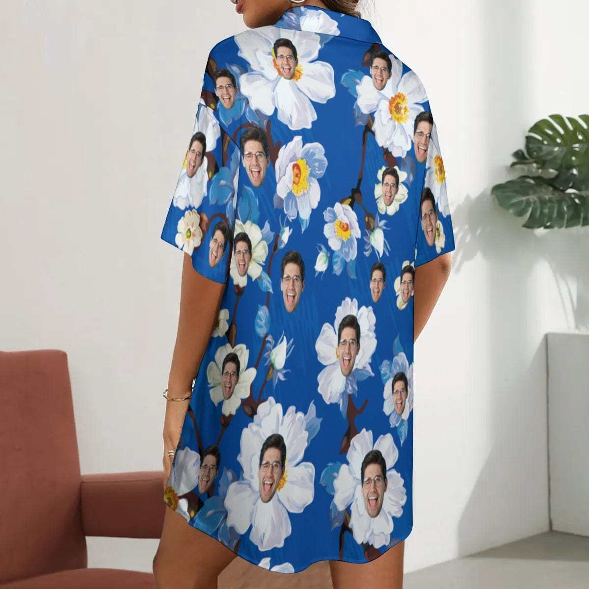 FacePajamas Pajama-2ML-MTMS Custom Face Flower Blue Satin Nightgown For Women Silk Nightshirt Button Down Pajamas Dress Boyfriend Sleepshirt S-3XL