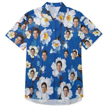 FacePajamas Pajama-2ML-MTMS Custom Face Flower Blue Satin Nightgown For Women Silk Nightshirt Button Down Pajamas Dress Boyfriend Sleepshirt S-3XL