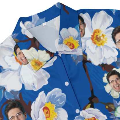 FacePajamas Pajama-2ML-MTMS Custom Face Flower Blue Satin Nightgown For Women Silk Nightshirt Button Down Pajamas Dress Boyfriend Sleepshirt S-3XL