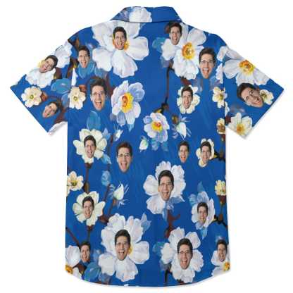 FacePajamas Pajama-2ML-MTMS Custom Face Flower Blue Satin Nightgown For Women Silk Nightshirt Button Down Pajamas Dress Boyfriend Sleepshirt S-3XL