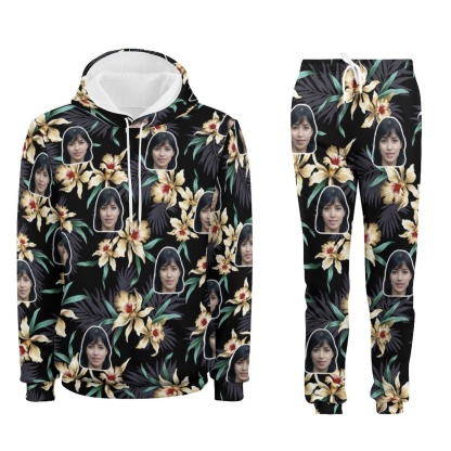 FacePajamas Hoodie Set-2WH-SDS Custom Face Flower Hoodie Sweatpant Set Personalized Unisex Loose Hoodie Top Outfits