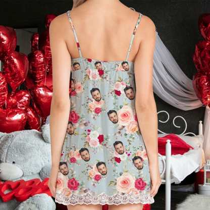 FacePajamas Pajama Dress-1YN-Blue Custom Face Flowers Women's Cami V-Neck Lace Suspenders Nightdress Valentine's Day Pajama Gifts for Her