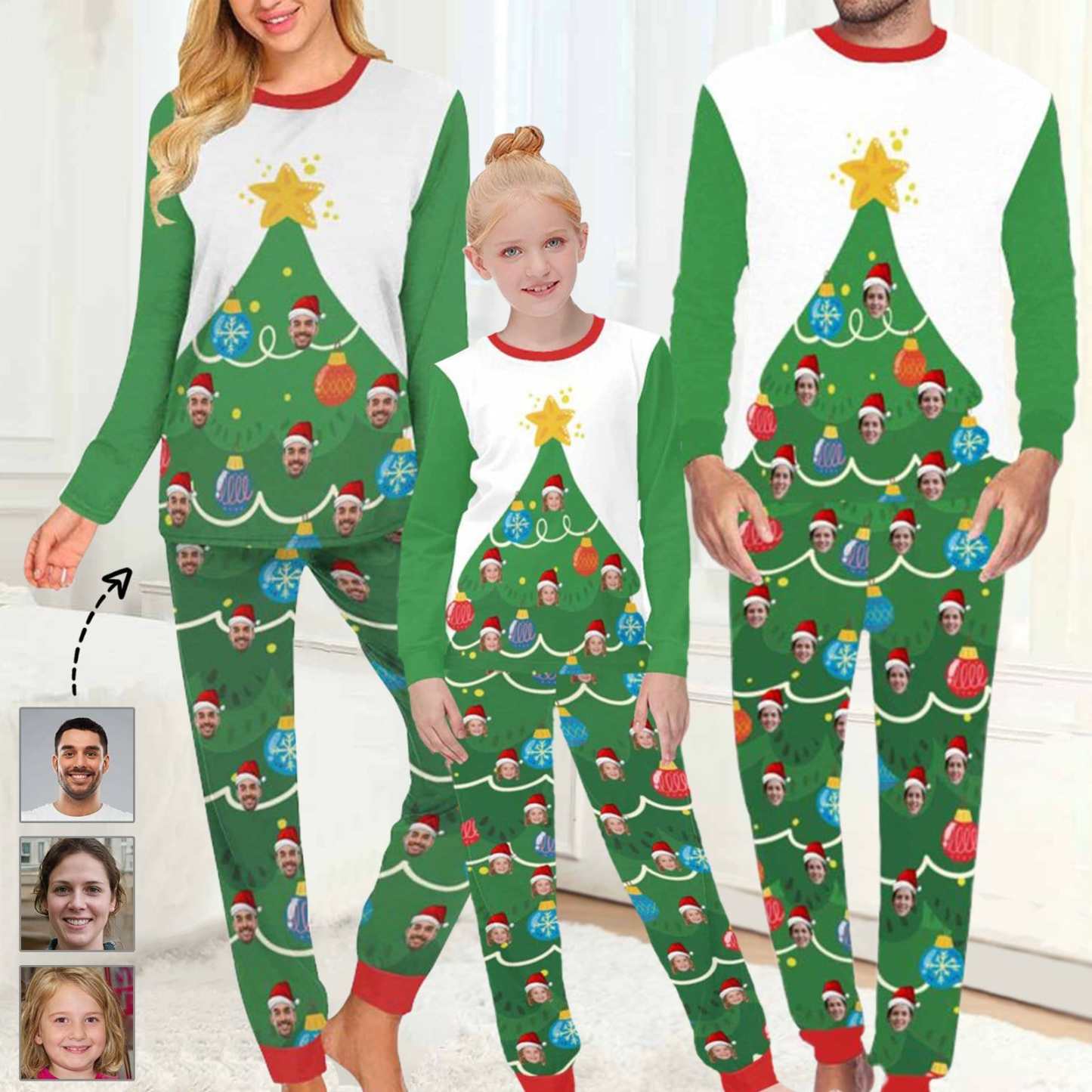 FacePajamas Pajama Custom Face Green Christmas Tree Sleepwear Personalized Family Matching Long Sleeve Pajamas Set