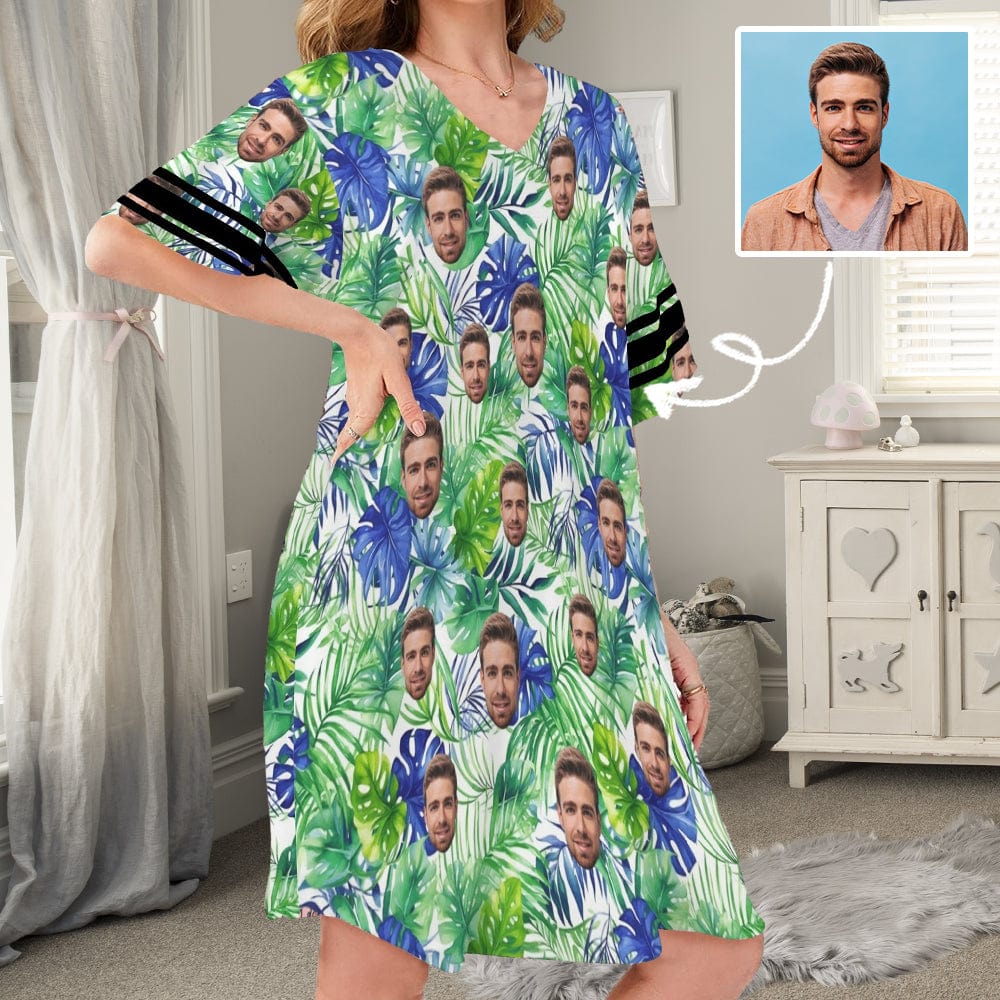 FacePajamas Pajama Dress-1YN-Blue Custom Face Green Leaves Women's V-Neck Short Sleeved Nightdresses Personazlied Sleep Dress