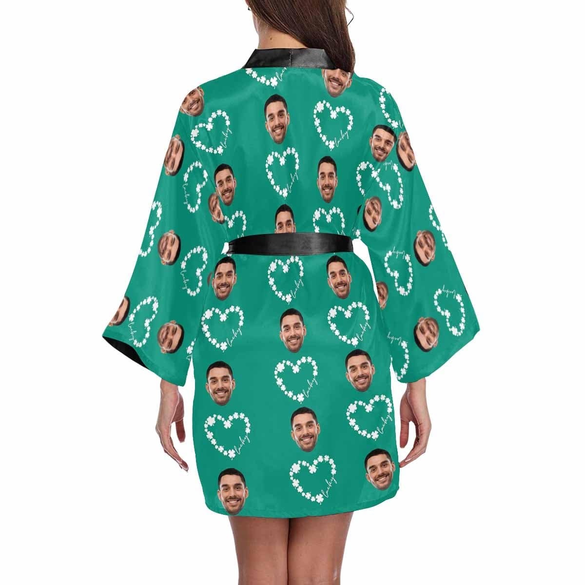 FacePajamas Pajama Custom Face Green Lucky Heart Women's Short Pajama Kimono Robe