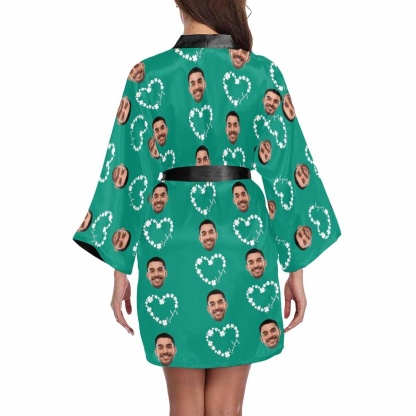 FacePajamas Pajama Custom Face Green Lucky Heart Women's Short Pajama Kimono Robe