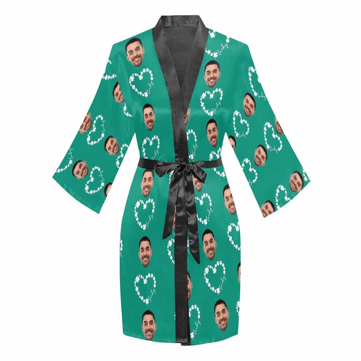 FacePajamas Pajama Custom Face Green Lucky Heart Women's Short Pajama Kimono Robe