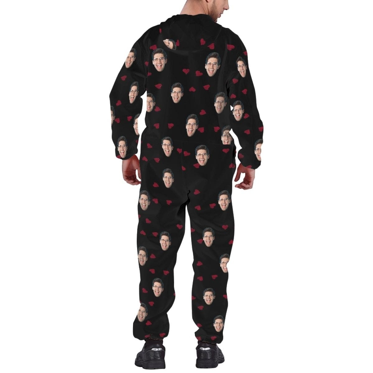 FacePajamas Hooded Onesie-2ML-ZD Custom Face Heart Black Unisex Adult Hooded Onesie Jumpsuits with Pocket Personalized Zip One-piece Pajamas for Men and Women