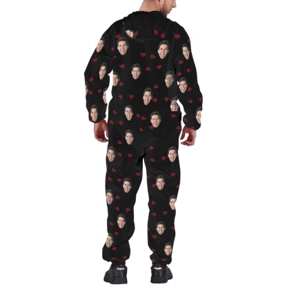 FacePajamas Hooded Onesie-2ML-ZD Custom Face Heart Black Unisex Adult Hooded Onesie Jumpsuits with Pocket Personalized Zip One-piece Pajamas for Men and Women