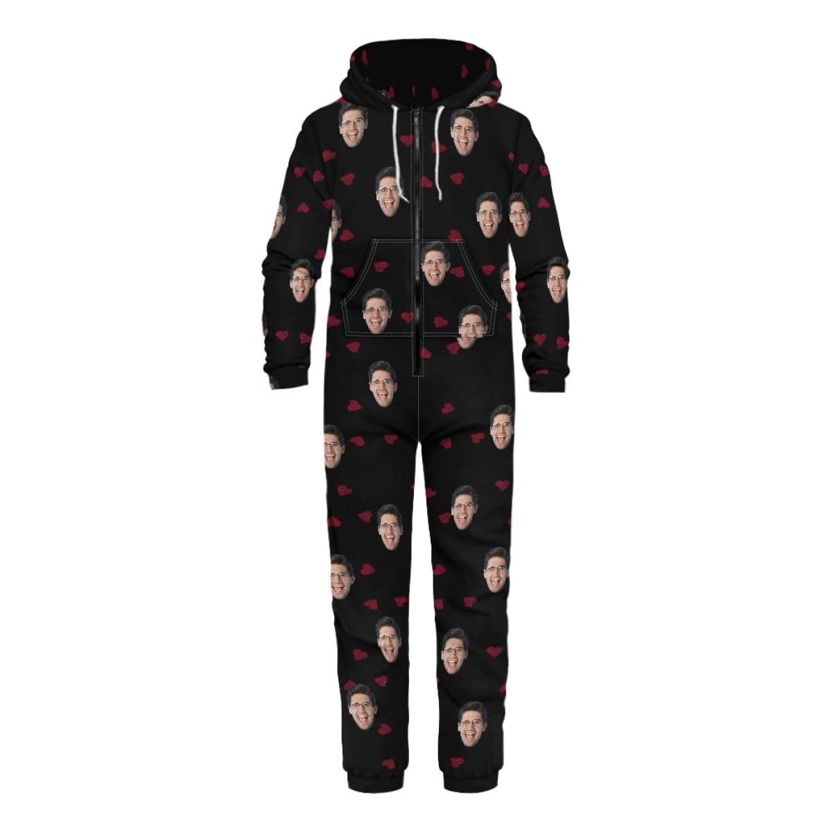 FacePajamas Hooded Onesie-2ML-ZD Custom Face Heart Black Unisex Adult Hooded Onesie Jumpsuits with Pocket Personalized Zip One-piece Pajamas for Men and Women