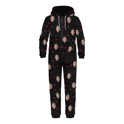 FacePajamas Hooded Onesie-2ML-ZD Custom Face Heart Black Unisex Adult Hooded Onesie Jumpsuits with Pocket Personalized Zip One-piece Pajamas for Men and Women