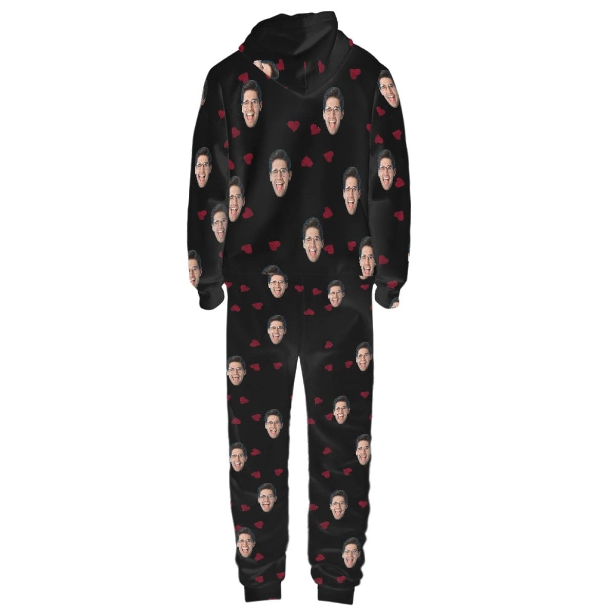 FacePajamas Hooded Onesie-2ML-ZD Custom Face Heart Black Unisex Adult Hooded Onesie Jumpsuits with Pocket Personalized Zip One-piece Pajamas for Men and Women