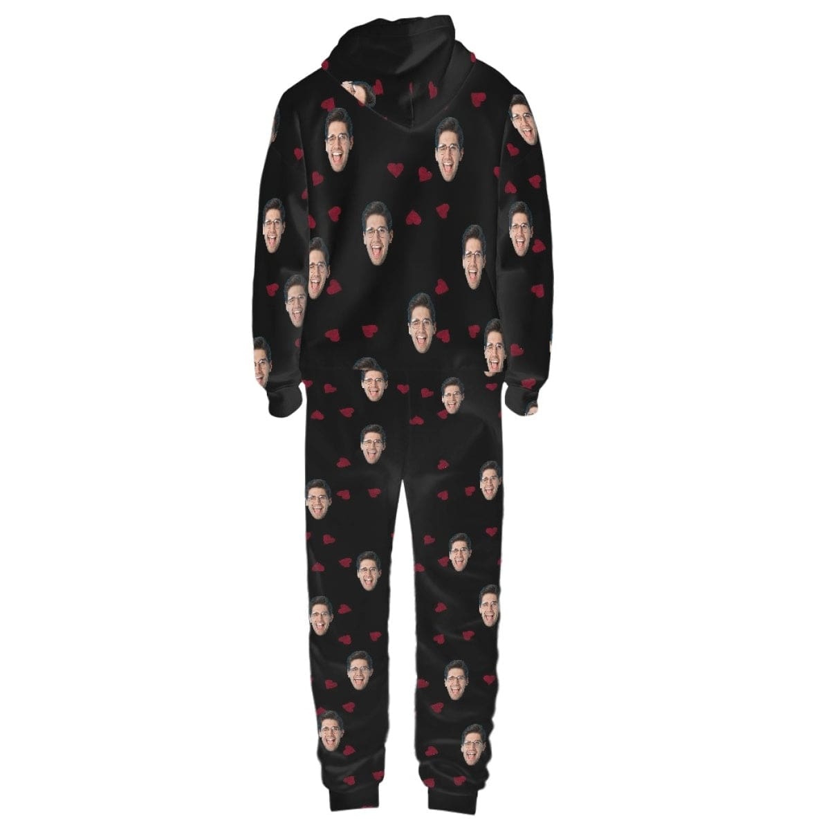 FacePajamas Hooded Onesie-2ML-ZD Custom Face Heart Black Unisex Adult Hooded Onesie Jumpsuits with Pocket Personalized Zip One-piece Pajamas for Men and Women