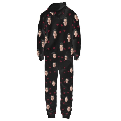 FacePajamas Hooded Onesie-2ML-ZD Custom Face Heart Black Unisex Adult Hooded Onesie Jumpsuits with Pocket Personalized Zip One-piece Pajamas for Men and Women