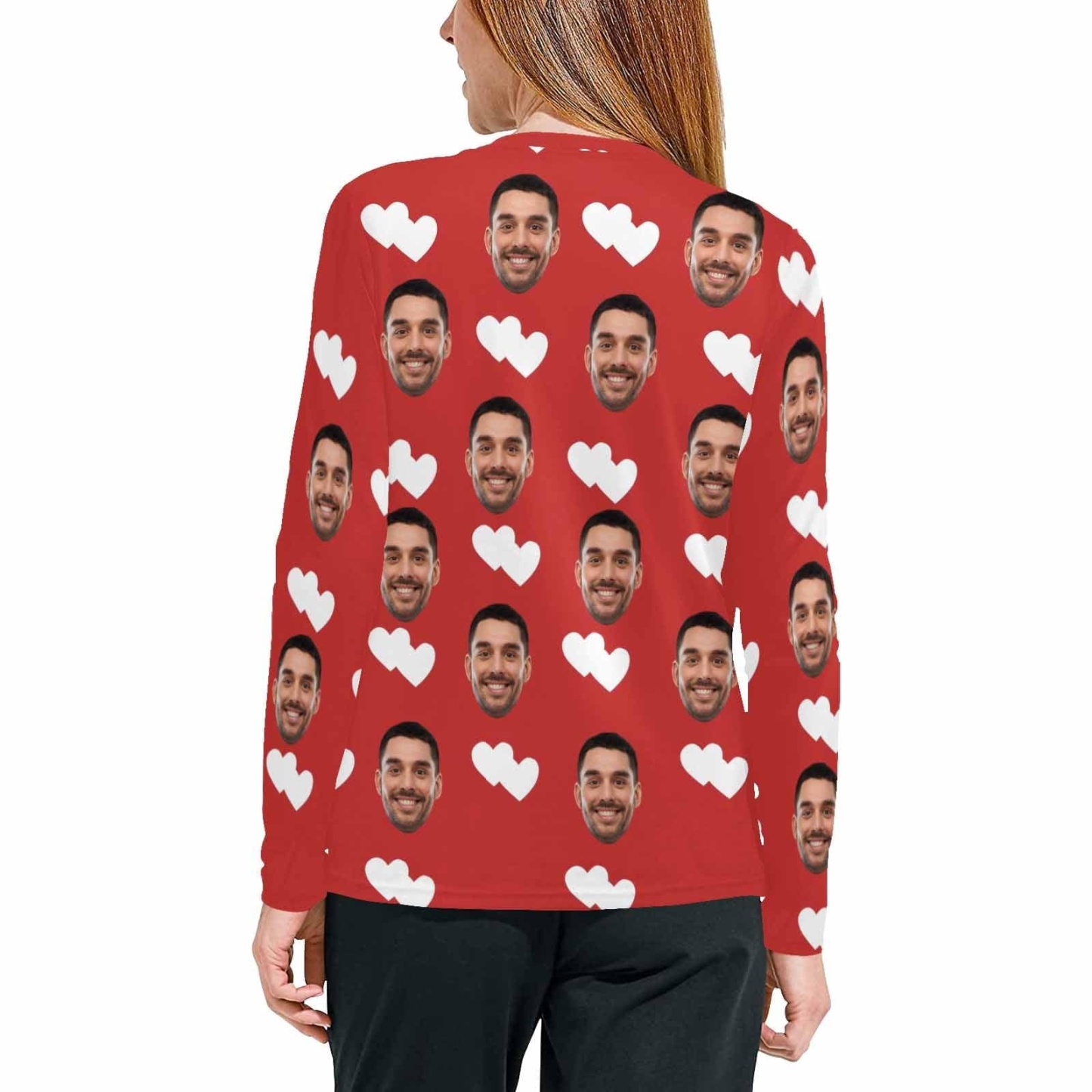 FacePajamas Pajama Shirt&Pants Custom Face Heart Red Long Pajama Shirt&Pants Personalized Women's Slumber Party Sleepwear