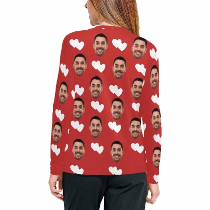 FacePajamas Pajama Shirt&Pants Custom Face Heart Red Long Pajama Shirt&Pants Personalized Women's Slumber Party Sleepwear