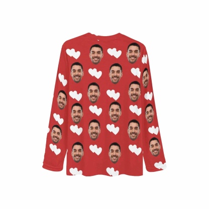 FacePajamas Pajama Shirt&Pants Custom Face Heart Red Long Pajama Shirt&Pants Personalized Women's Slumber Party Sleepwear