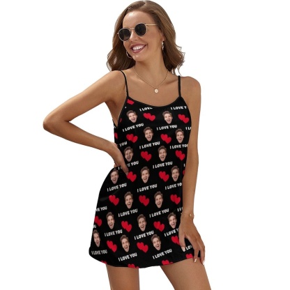 FacePajamas Pajama-2ML-SDS Custom Face Husband Red Heart Black Background Nightgown for Women Loose Sleepwear V Neck Pajama Dress Soft Nightshirt Sleeveless Nightdress Chemise