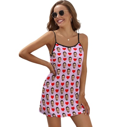 FacePajamas Pajama-2ML-SDS Custom Face Husband Red Heart Nightgown for Women Loose Sleepwear V Neck Pajama Dress Soft Nightshirt Sleeveless Nightdress Chemise