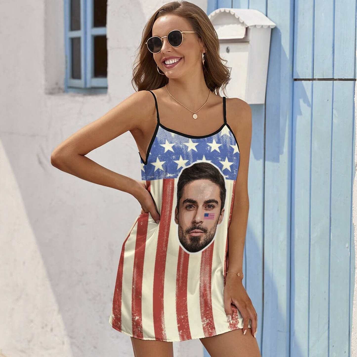 FacePajamas Pajama-2ML-SDS Custom Face Husband US Flag Nightgown for Women Loose Sleepwear V Neck Pajama Dress Soft Nightshirt Sleeveless Nightdress Chemise