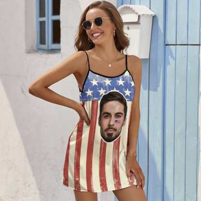 FacePajamas Pajama-2ML-SDS Custom Face Husband US Flag Nightgown for Women Loose Sleepwear V Neck Pajama Dress Soft Nightshirt Sleeveless Nightdress Chemise