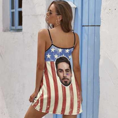 FacePajamas Pajama-2ML-SDS Custom Face Husband US Flag Nightgown for Women Loose Sleepwear V Neck Pajama Dress Soft Nightshirt Sleeveless Nightdress Chemise