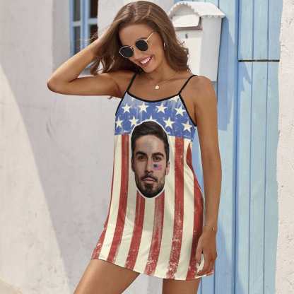 FacePajamas Pajama-2ML-SDS Custom Face Husband US Flag Nightgown for Women Loose Sleepwear V Neck Pajama Dress Soft Nightshirt Sleeveless Nightdress Chemise