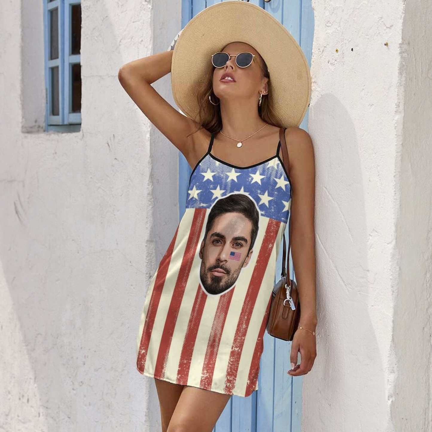 FacePajamas Pajama-2ML-SDS Custom Face Husband US Flag Nightgown for Women Loose Sleepwear V Neck Pajama Dress Soft Nightshirt Sleeveless Nightdress Chemise