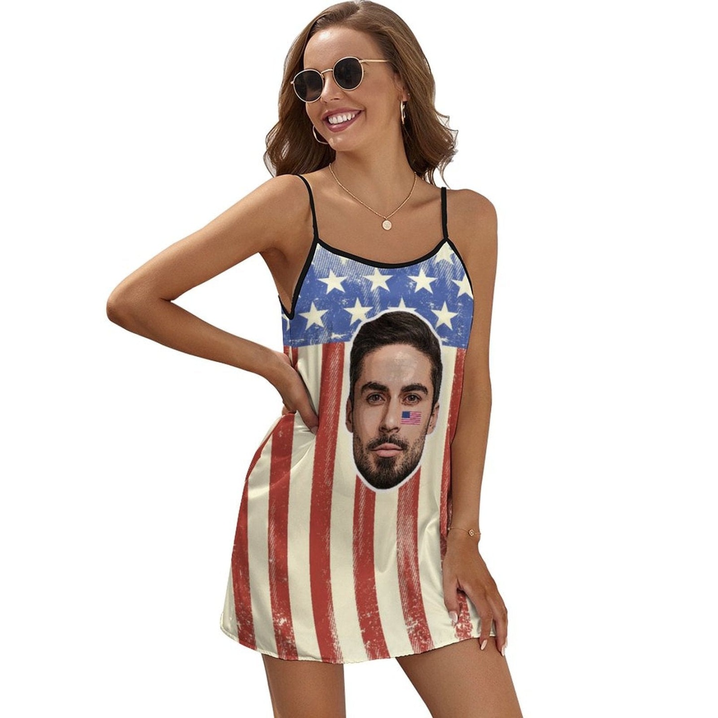 FacePajamas Pajama-2ML-SDS Custom Face Husband US Flag Nightgown for Women Loose Sleepwear V Neck Pajama Dress Soft Nightshirt Sleeveless Nightdress Chemise