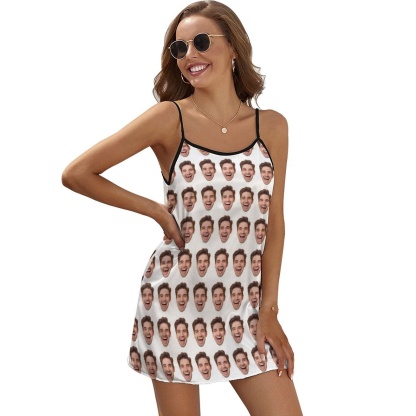 FacePajamas Pajama-2ML-SDS Custom Face Husband White Background Nightgown for Women Loose Sleepwear V Neck Pajama Dress Soft Nightshirt Sleeveless Nightdress Chemise