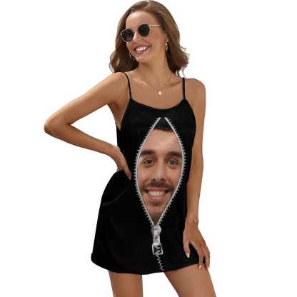 FacePajamas Pajama-2ML-SDS Custom Face Husband Zipper Pattern Funny Nightgown for Women Loose Sleepwear V Neck Pajama Dress Soft Nightshirt Sleeveless Nightdress Chemise