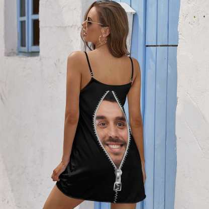 FacePajamas Pajama-2ML-SDS Custom Face Husband Zipper Pattern Funny Nightgown for Women Loose Sleepwear V Neck Pajama Dress Soft Nightshirt Sleeveless Nightdress Chemise