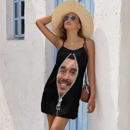 FacePajamas Pajama-2ML-SDS Custom Face Husband Zipper Pattern Funny Nightgown for Women Loose Sleepwear V Neck Pajama Dress Soft Nightshirt Sleeveless Nightdress Chemise