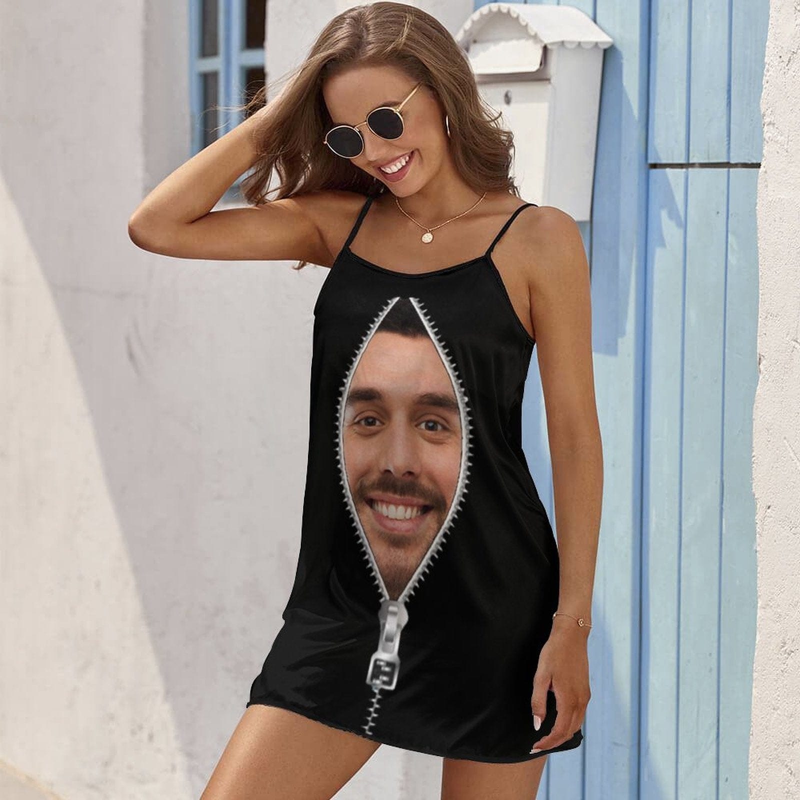 FacePajamas Pajama-2ML-SDS Custom Face Husband Zipper Pattern Funny Nightgown for Women Loose Sleepwear V Neck Pajama Dress Soft Nightshirt Sleeveless Nightdress Chemise