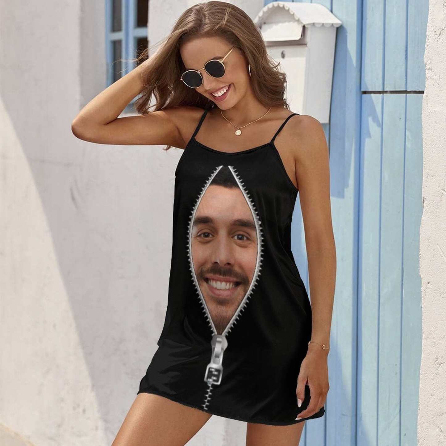 FacePajamas Pajama-2ML-SDS Custom Face Husband Zipper Pattern Funny Nightgown for Women Loose Sleepwear V Neck Pajama Dress Soft Nightshirt Sleeveless Nightdress Chemise
