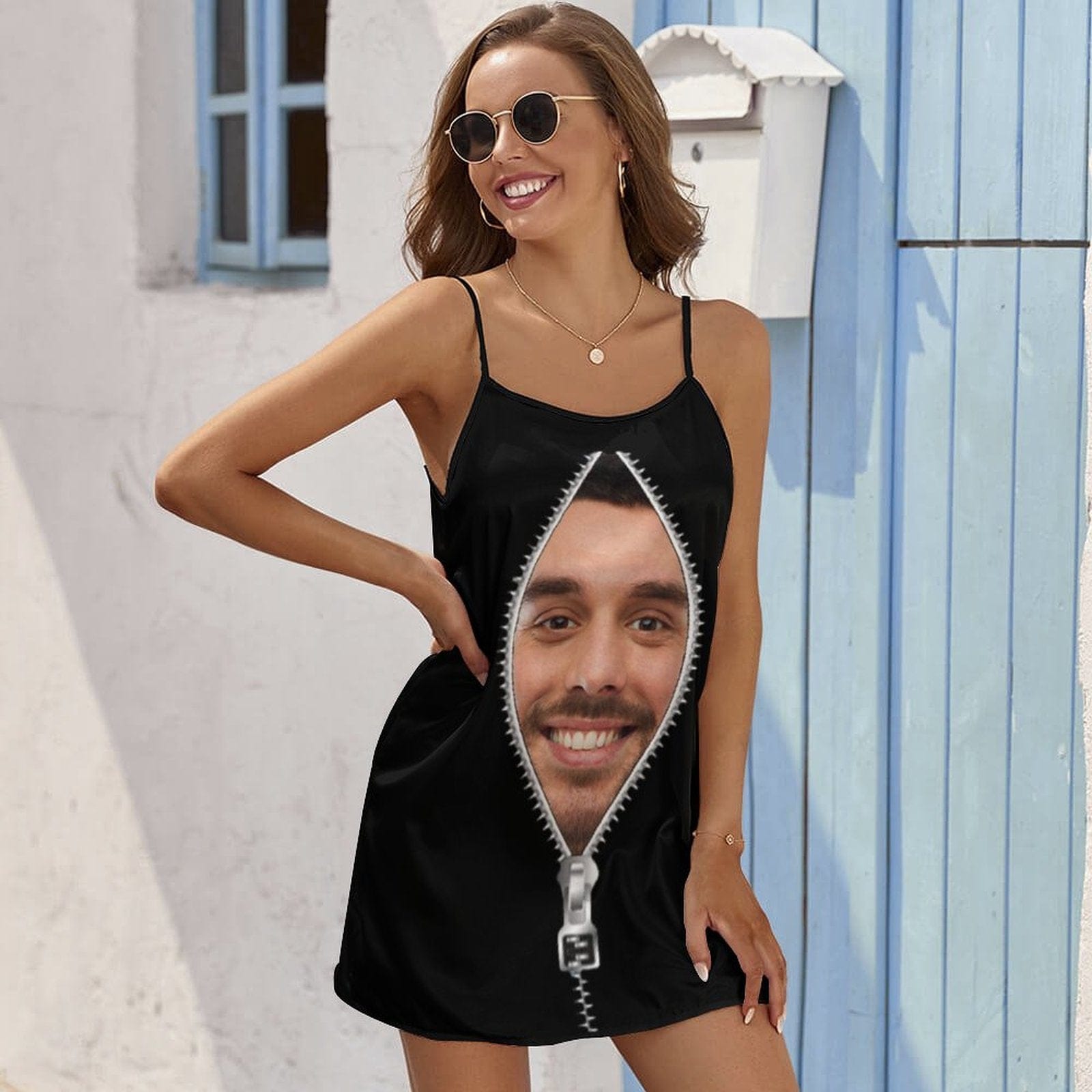 FacePajamas Pajama-2ML-SDS Custom Face Husband Zipper Pattern Funny Nightgown for Women Loose Sleepwear V Neck Pajama Dress Soft Nightshirt Sleeveless Nightdress Chemise
