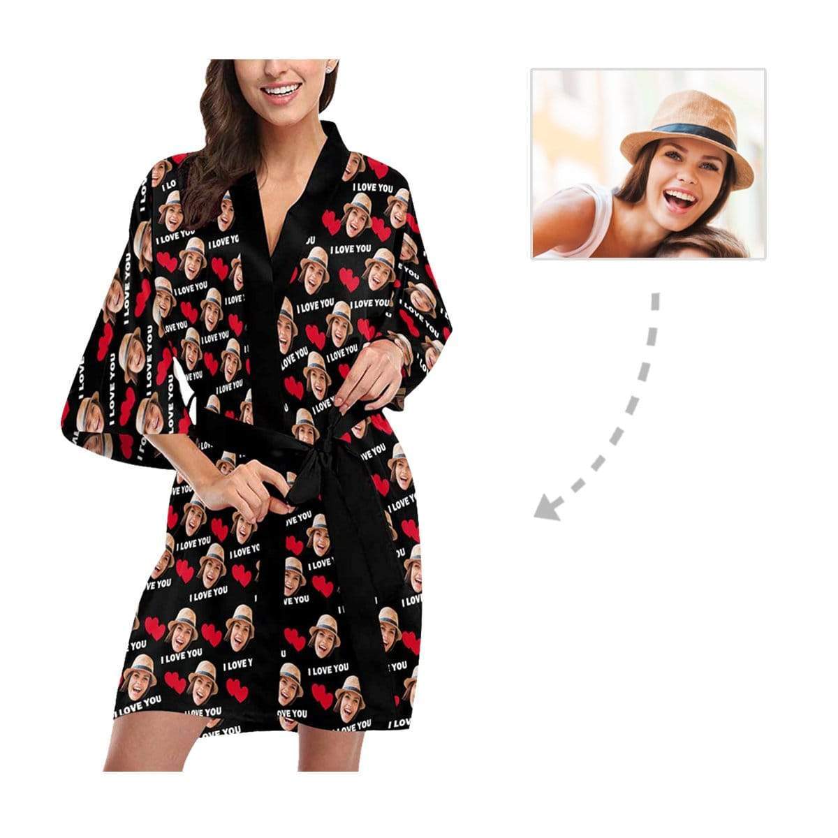 FacePajamas Pajama Custom Face I Love You Women's Summer Short Nightwear Personalized Photo Pajamas Kimono Robe