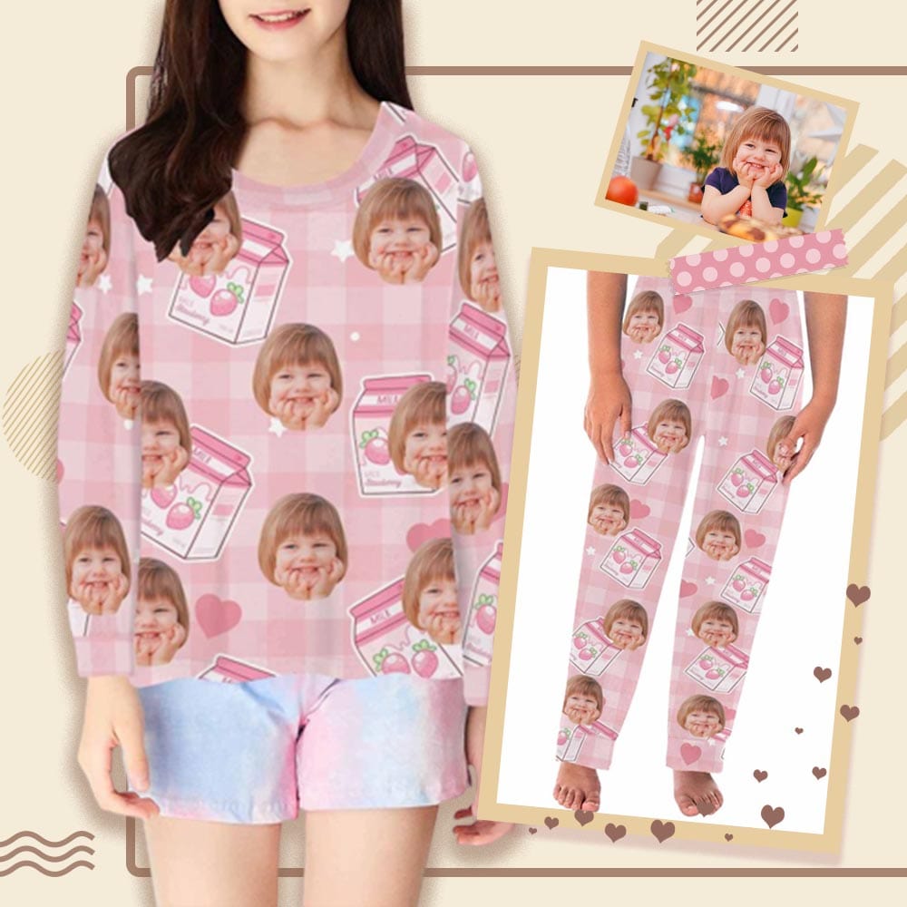 FacePajamas Pajama Shirt&Pants Custom Face Kids' All Over Print Pajama Top & Trousers Pink Personalized Long Pajama Sets