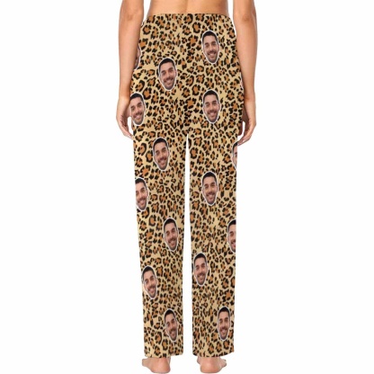 FacePajamas Pajama Shirt&Pants Custom Face Leopard Print Sleepwear Personalized Women's&Men's Slumber Party Long Pajama Pants