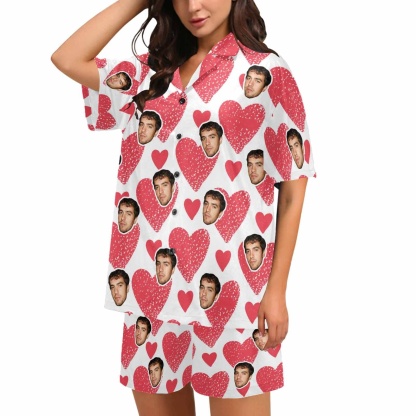 FacePajamas Custom Face Love Heart Matching Couple Pajamas Personalized Photo Pajama Set Funny Nightwear