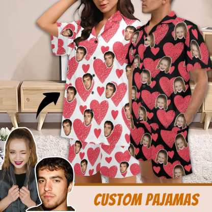 FacePajamas Custom Face Love Heart Matching Couple Pajamas Personalized Photo Pajama Set Funny Nightwear