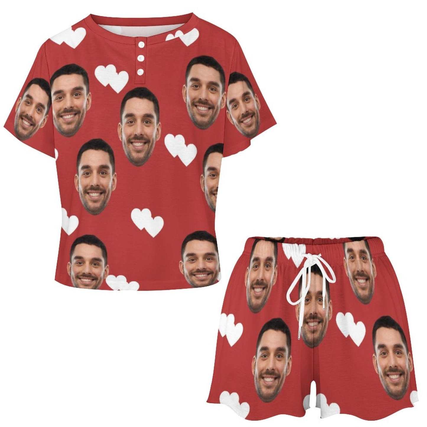 FacePajamas Pajama-2ML-SDS Custom Face Love Heart Pajama Set Women's Short Sleeve Top and Shorts Loungewear Athletic Tracksuits