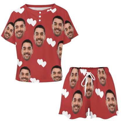 FacePajamas Pajama-2ML-SDS Custom Face Love Heart Pajama Set Women's Short Sleeve Top and Shorts Loungewear Athletic Tracksuits