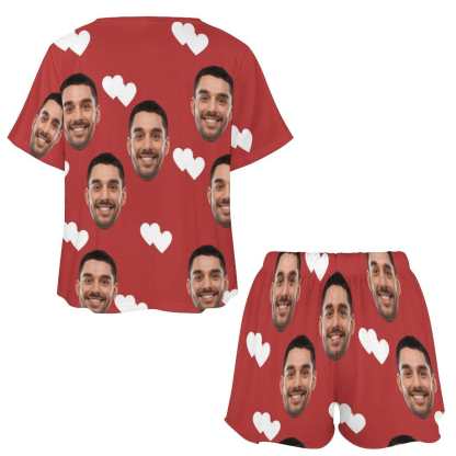 FacePajamas Pajama-2ML-SDS Custom Face Love Heart Pajama Set Women's Short Sleeve Top and Shorts Loungewear Athletic Tracksuits